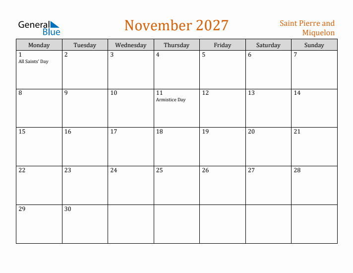 November 2027 Holiday Calendar with Monday Start