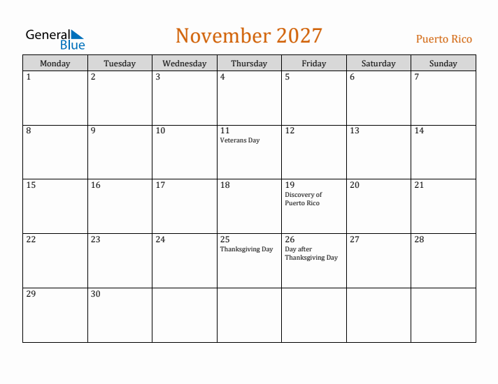 November 2027 Holiday Calendar with Monday Start