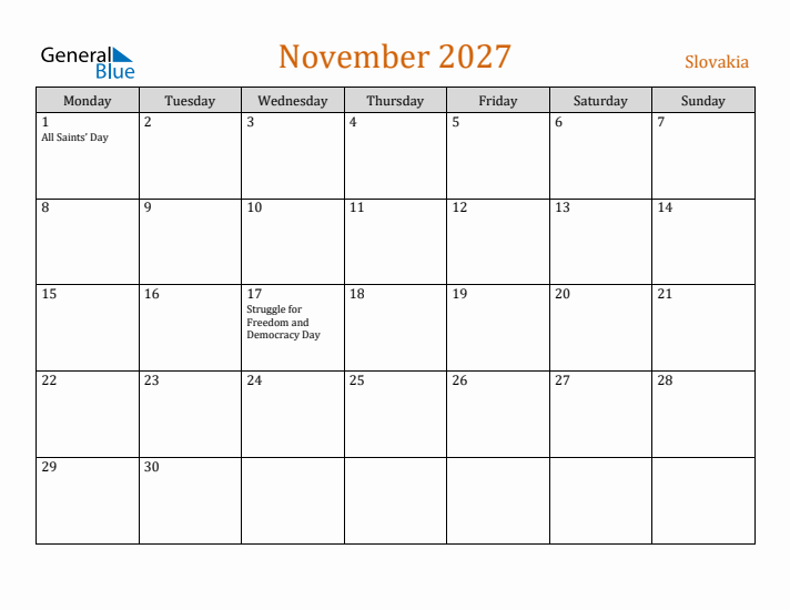 November 2027 Holiday Calendar with Monday Start
