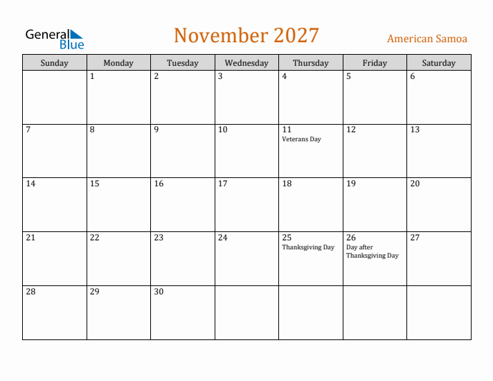 November 2027 Holiday Calendar with Sunday Start