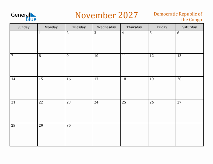 November 2027 Holiday Calendar with Sunday Start