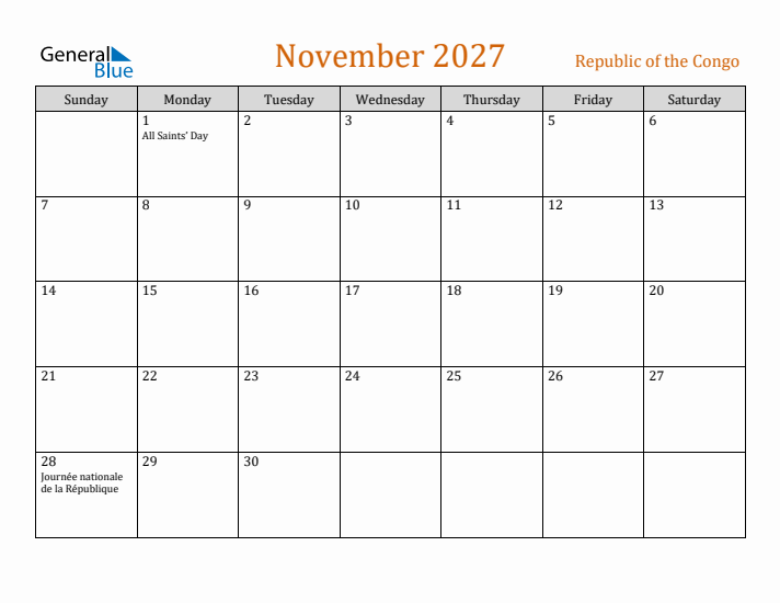 November 2027 Holiday Calendar with Sunday Start