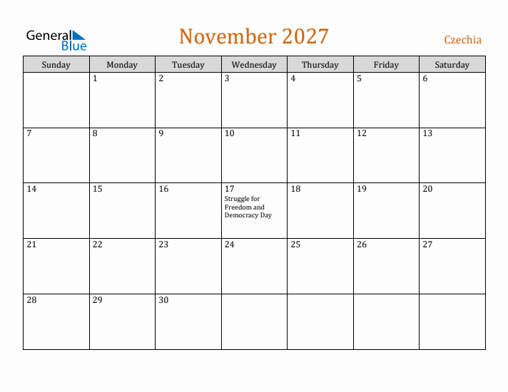 November 2027 Holiday Calendar with Sunday Start