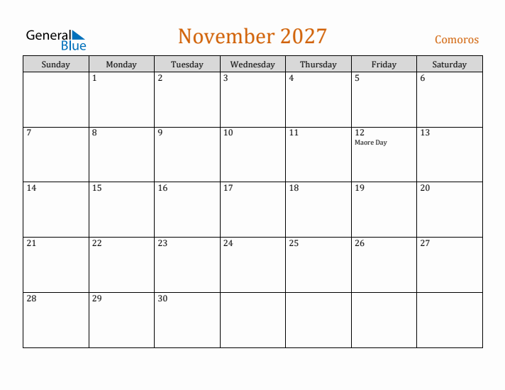 November 2027 Holiday Calendar with Sunday Start