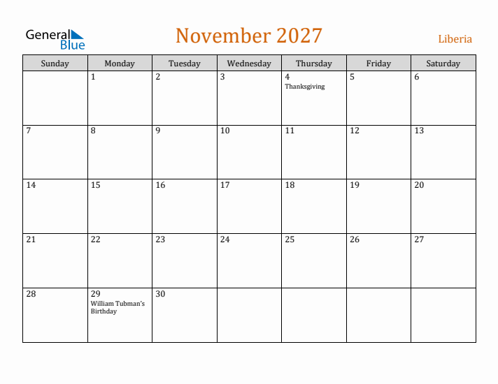 November 2027 Holiday Calendar with Sunday Start