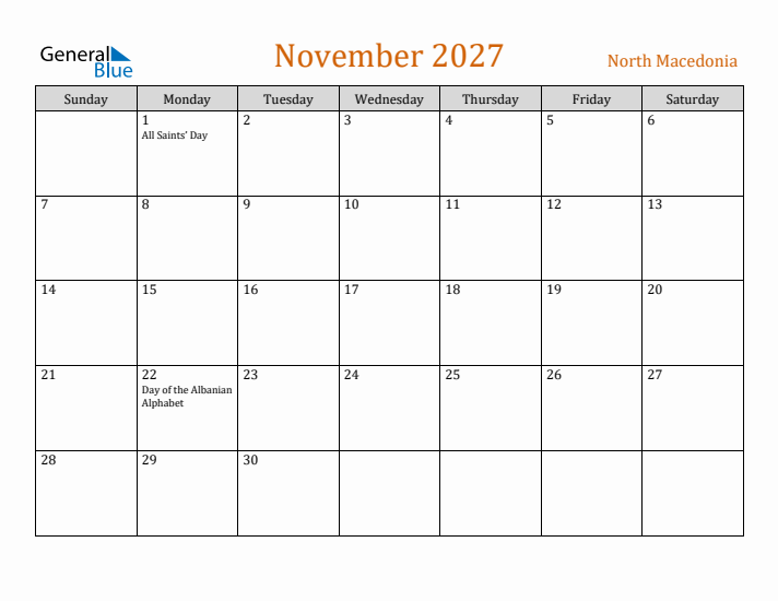 November 2027 Holiday Calendar with Sunday Start