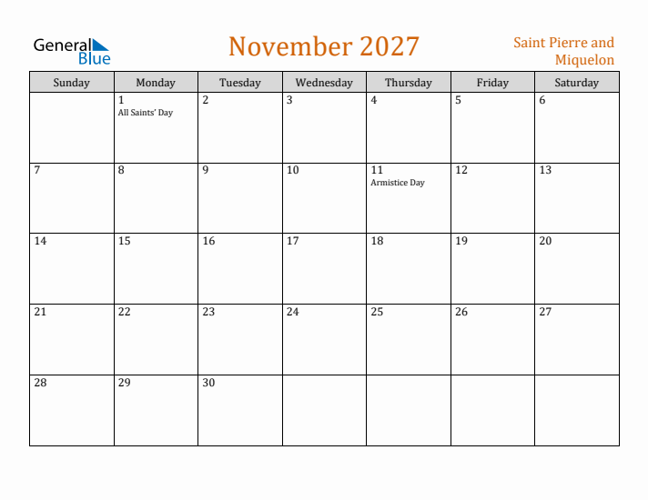 November 2027 Holiday Calendar with Sunday Start