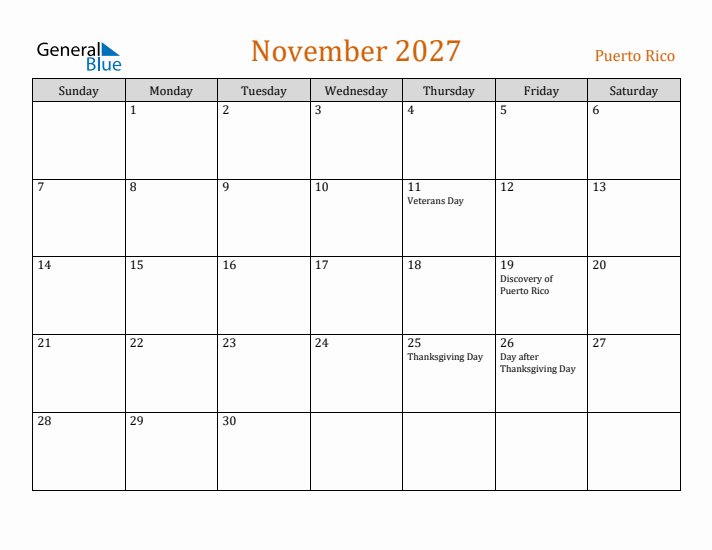 November 2027 Holiday Calendar with Sunday Start