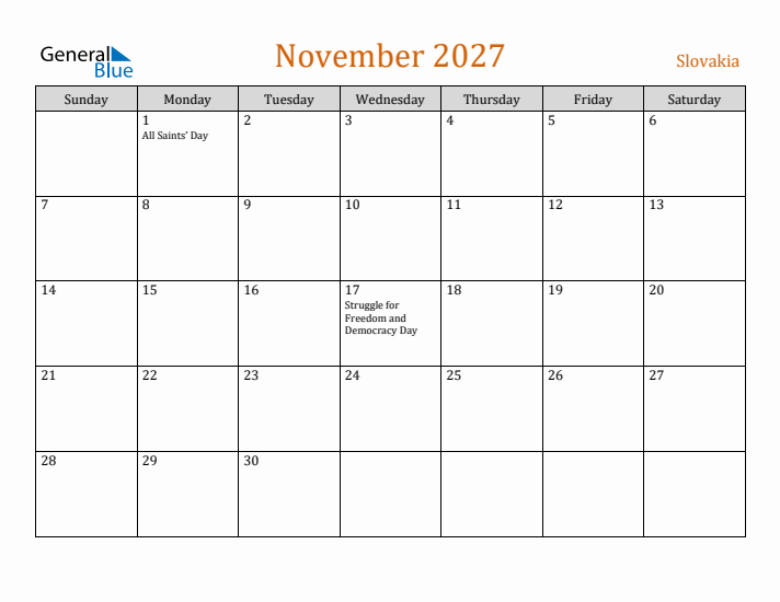 November 2027 Holiday Calendar with Sunday Start