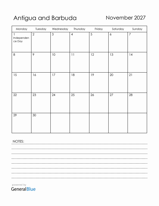 November 2027 Antigua and Barbuda Calendar with Holidays (Monday Start)