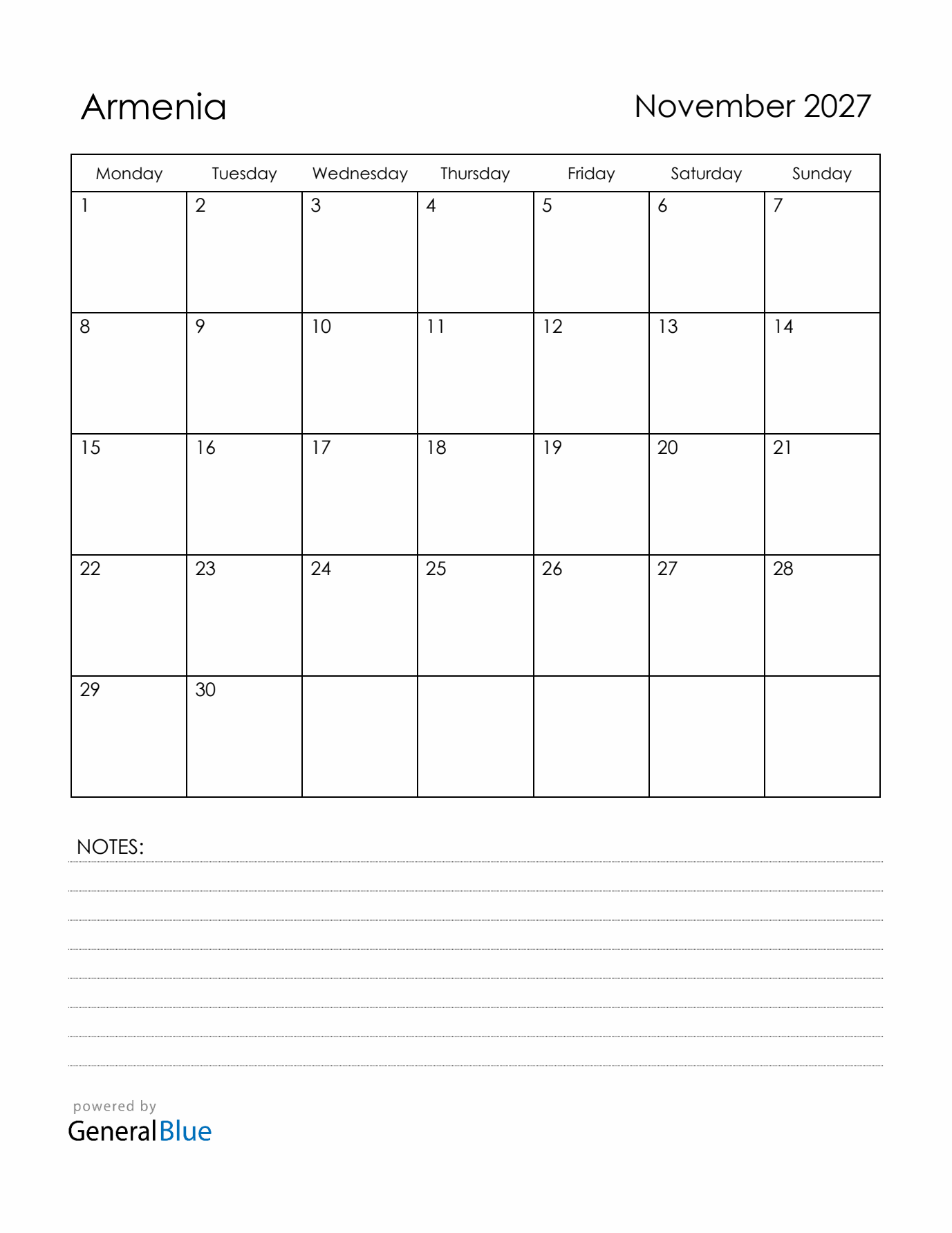 November 2027 Armenia Calendar with Holidays (Monday Start)