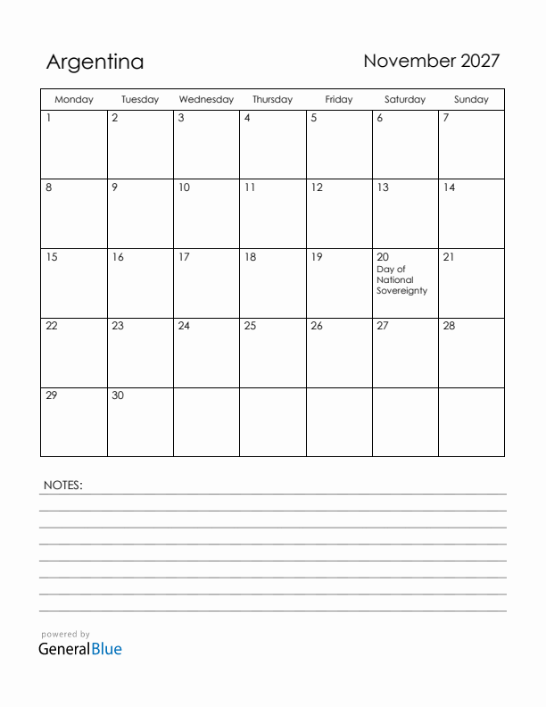 November 2027 Argentina Calendar with Holidays (Monday Start)
