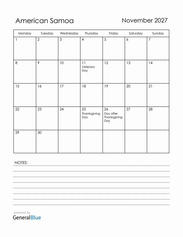 November 2027 American Samoa Calendar with Holidays (Monday Start)