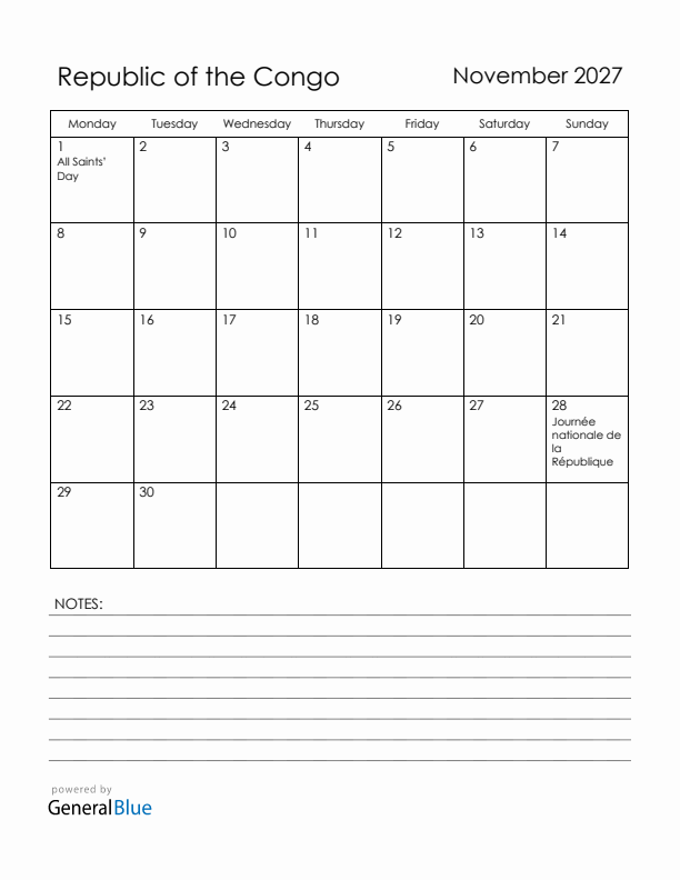 November 2027 Republic of the Congo Calendar with Holidays (Monday Start)