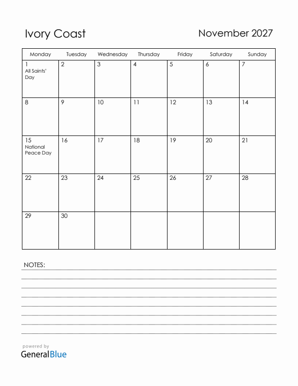 November 2027 Ivory Coast Calendar with Holidays (Monday Start)