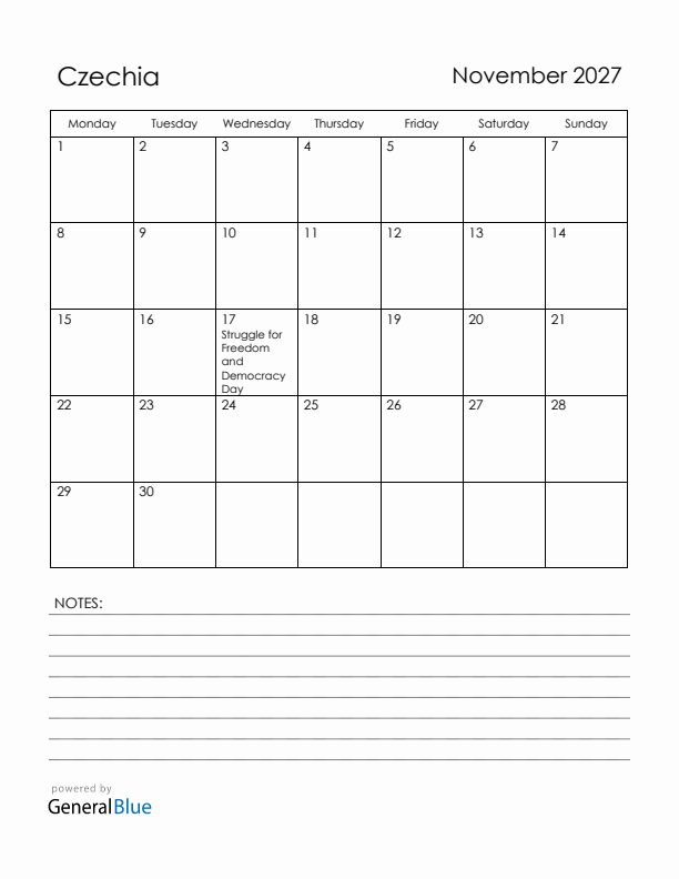 November 2027 Czechia Calendar with Holidays (Monday Start)