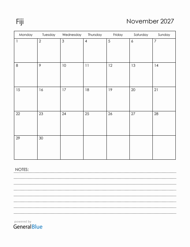 November 2027 Fiji Calendar with Holidays (Monday Start)