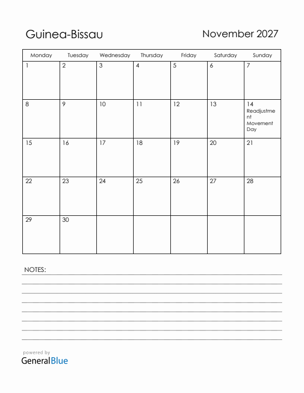 November 2027 Guinea-Bissau Calendar with Holidays (Monday Start)