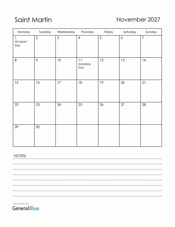 November 2027 Saint Martin Calendar with Holidays (Monday Start)