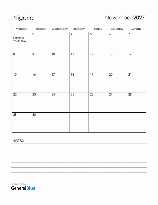 November 2027 Nigeria Calendar with Holidays (Monday Start)