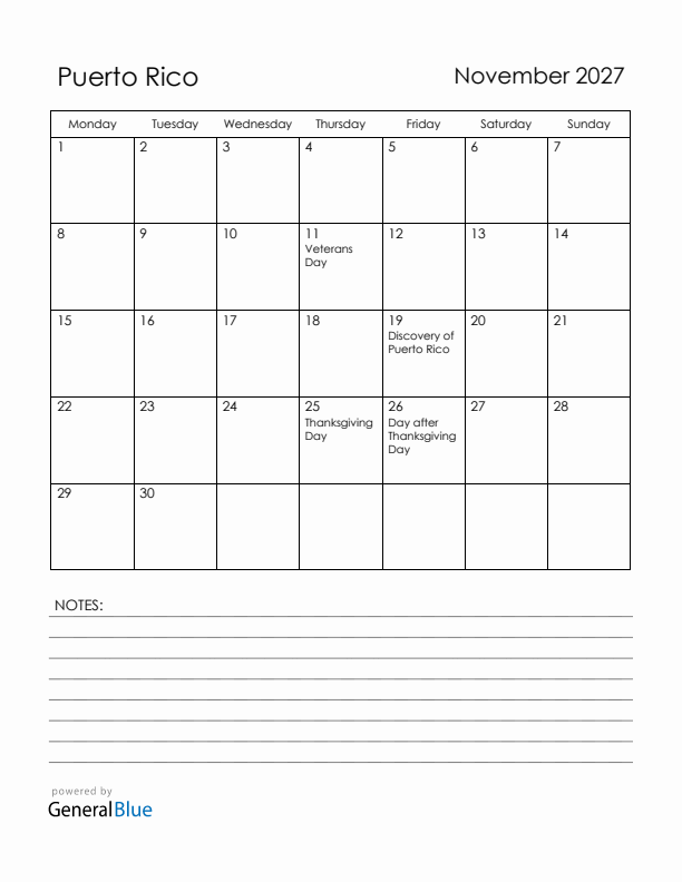 November 2027 Puerto Rico Calendar with Holidays (Monday Start)