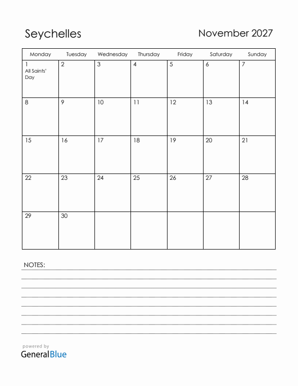 November 2027 Seychelles Calendar with Holidays (Monday Start)