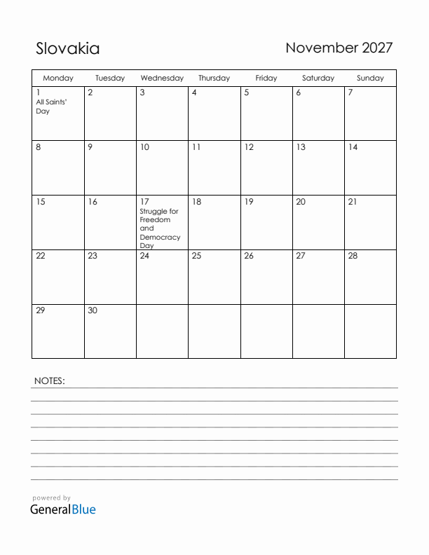 November 2027 Slovakia Calendar with Holidays (Monday Start)