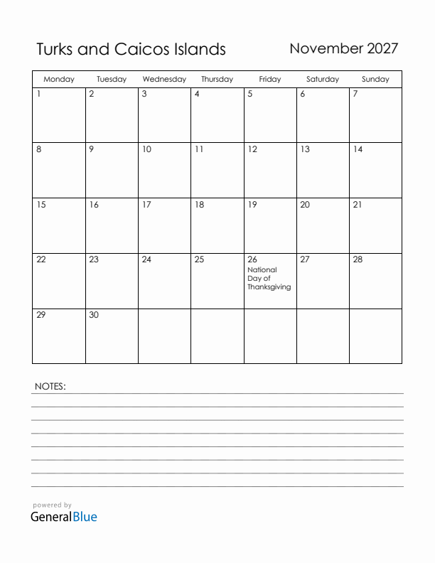 November 2027 Turks and Caicos Islands Calendar with Holidays (Monday Start)