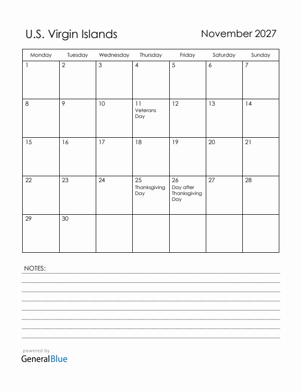 November 2027 U.S. Virgin Islands Calendar with Holidays (Monday Start)