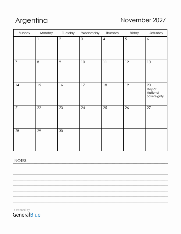 November 2027 Argentina Calendar with Holidays (Sunday Start)