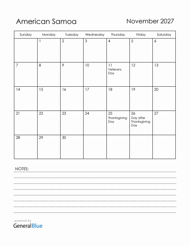 November 2027 American Samoa Calendar with Holidays (Sunday Start)