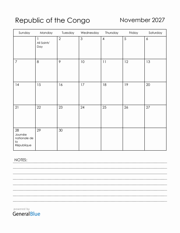 November 2027 Republic of the Congo Calendar with Holidays (Sunday Start)