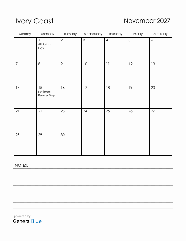 November 2027 Ivory Coast Calendar with Holidays (Sunday Start)