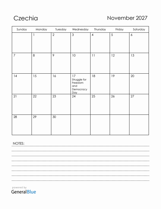 November 2027 Czechia Calendar with Holidays (Sunday Start)