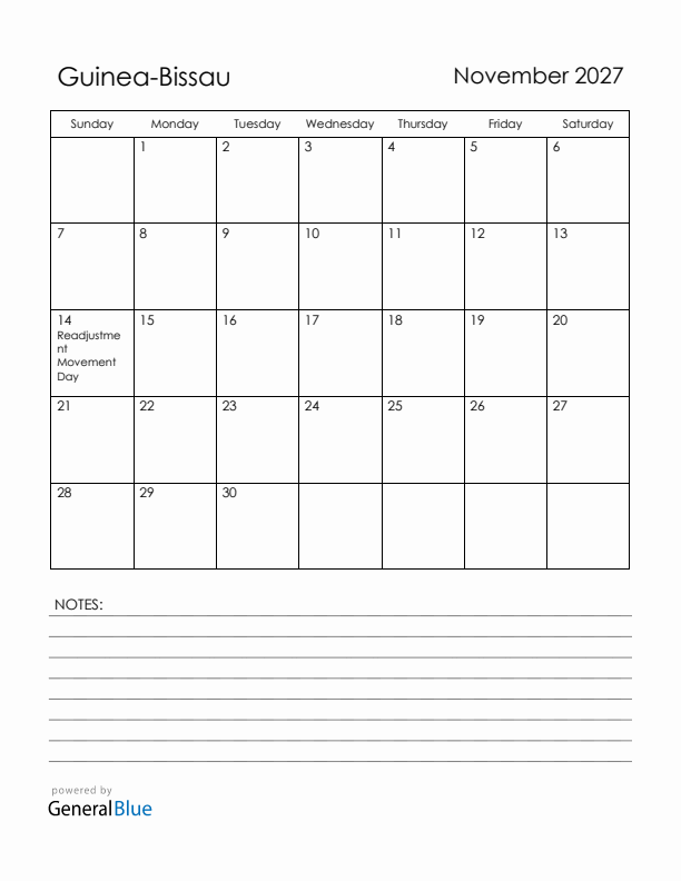 November 2027 Guinea-Bissau Calendar with Holidays (Sunday Start)