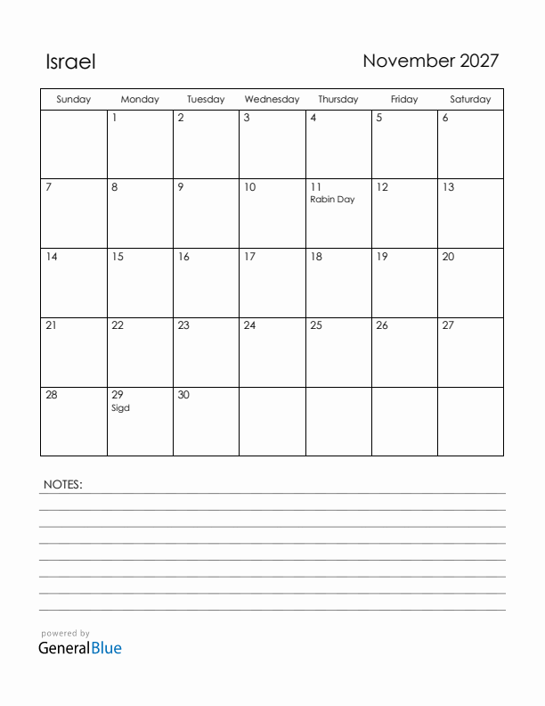November 2027 Israel Calendar with Holidays (Sunday Start)
