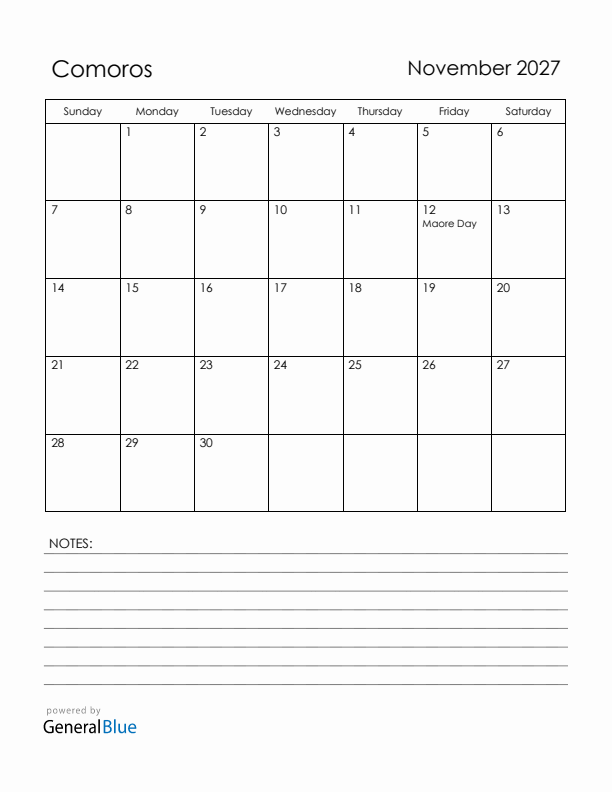 November 2027 Comoros Calendar with Holidays (Sunday Start)