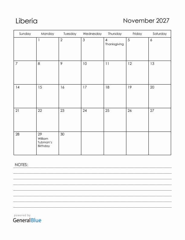 November 2027 Liberia Calendar with Holidays (Sunday Start)