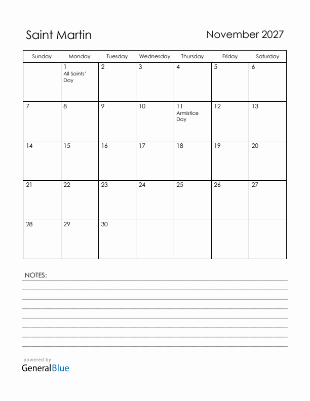 November 2027 Saint Martin Calendar with Holidays (Sunday Start)