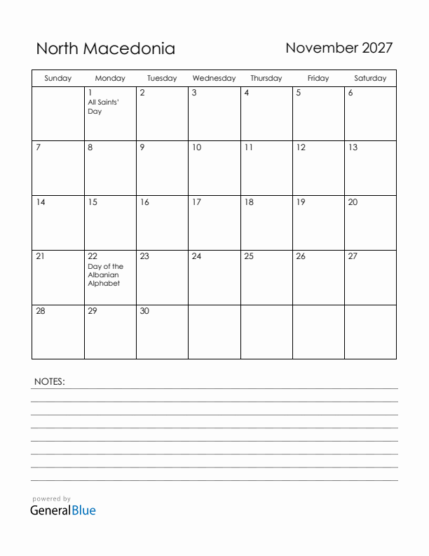 November 2027 North Macedonia Calendar with Holidays (Sunday Start)