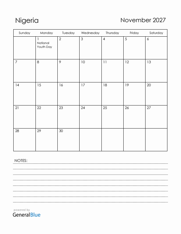 November 2027 Nigeria Calendar with Holidays (Sunday Start)