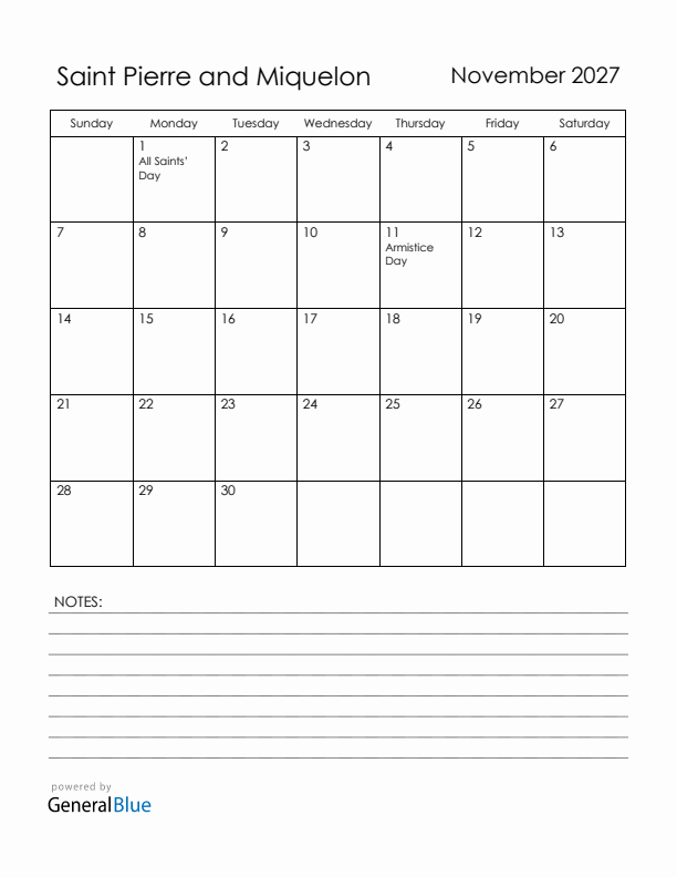 November 2027 Saint Pierre and Miquelon Calendar with Holidays (Sunday Start)