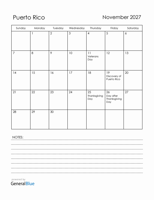 November 2027 Puerto Rico Calendar with Holidays (Sunday Start)