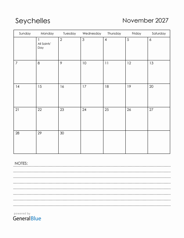 November 2027 Seychelles Calendar with Holidays (Sunday Start)