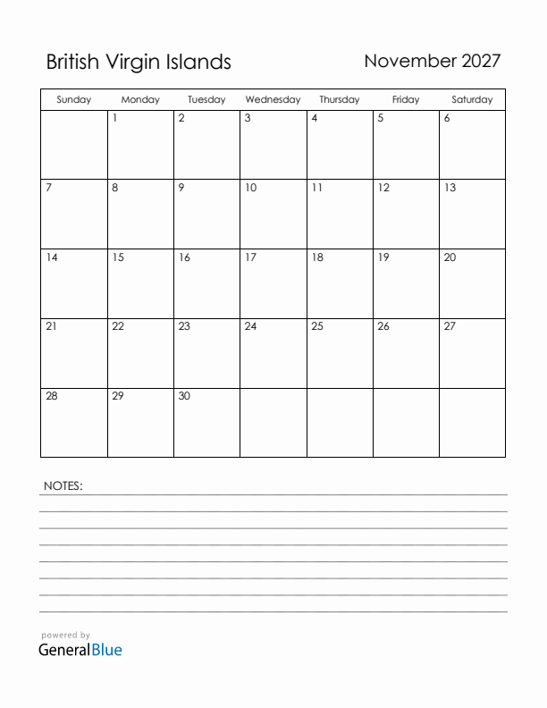 November 2027 British Virgin Islands Calendar with Holidays (Sunday Start)