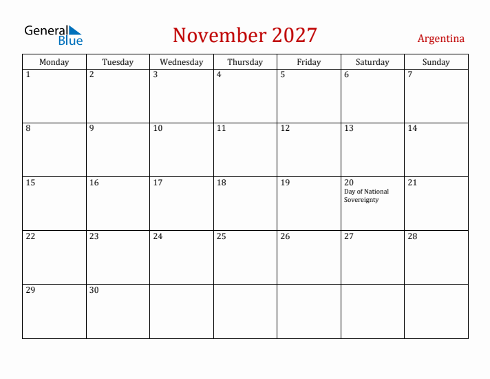 Argentina November 2027 Calendar - Monday Start