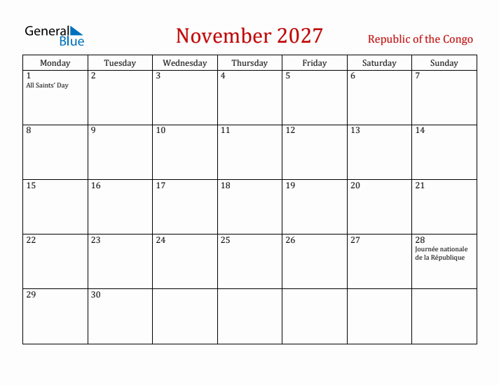 Republic of the Congo November 2027 Calendar - Monday Start