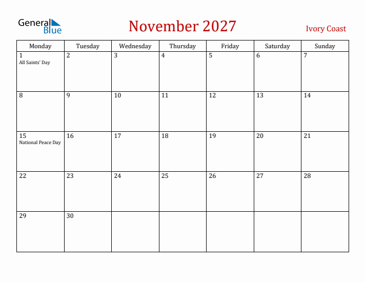Ivory Coast November 2027 Calendar - Monday Start