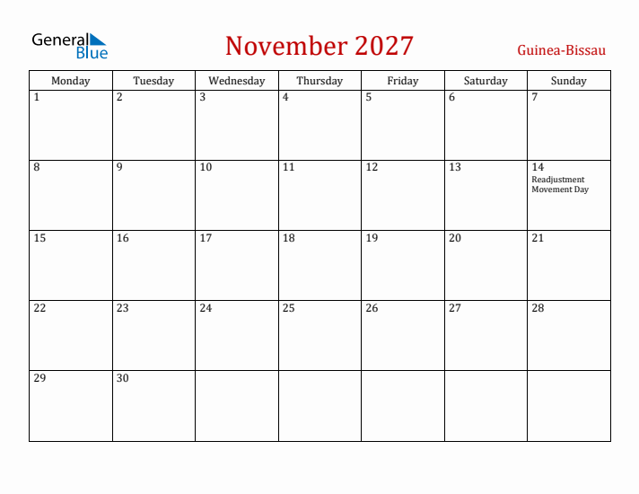 Guinea-Bissau November 2027 Calendar - Monday Start
