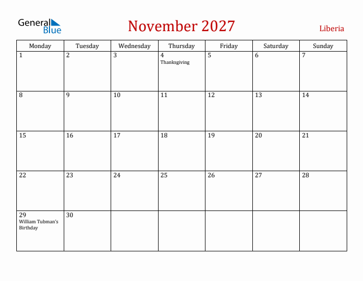 Liberia November 2027 Calendar - Monday Start